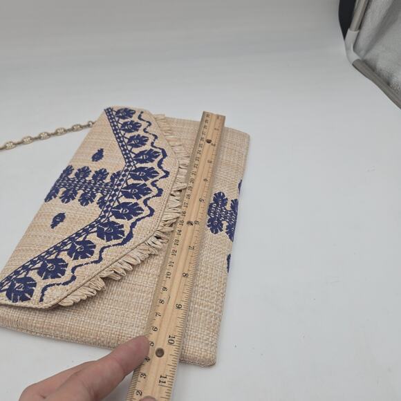 Stella & Dot Boho Raffia Blue Embroidered Clutch With Chain Purse Convertible - Picture 5 of 7
